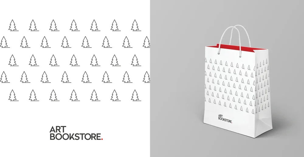 Art Bookstore — projekt torby świątecznej, motyw drzewek choinkowych