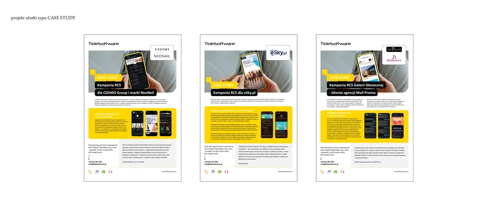 TideSoftware — case study ulotka w trzech wariantach kolorystycznych