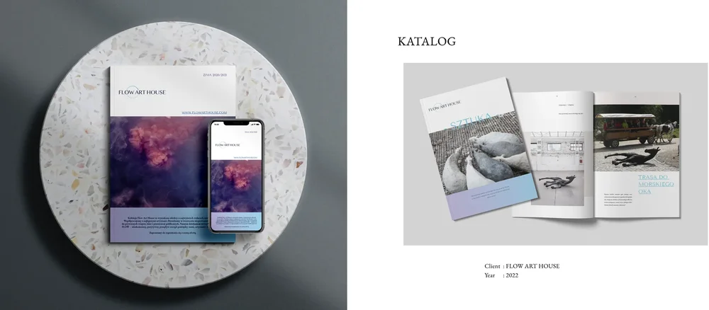 Flow Art House — katalog galerii sztuki i mockup wersji mobilnej