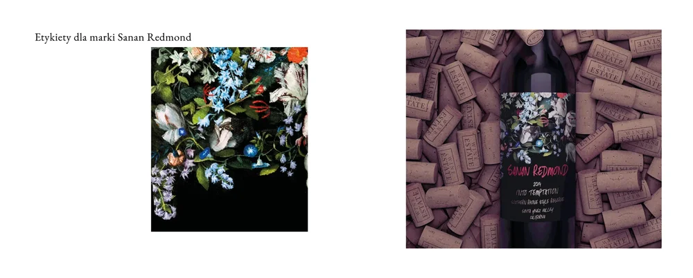 Sanan Redmond — etykiety wina z floralnym motywem ciemnym