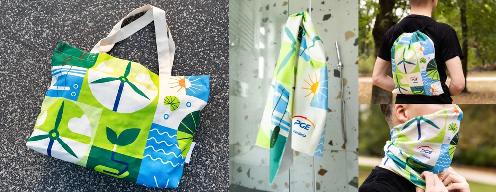 PGE — merchandise z ilustracją zielonej energii: torba, plecak, komin